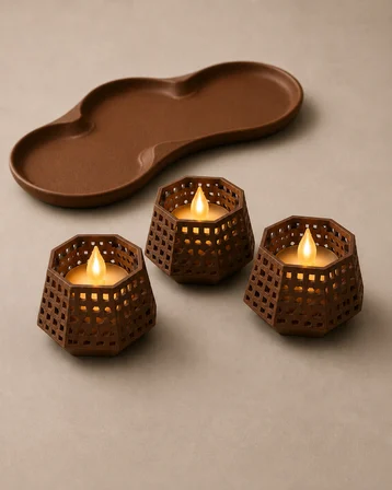 3D Baskı Dekoratif Mumluk Seti - Desenli Tealight ve Masaüstü Aydınlatma Objesi-Kahverengi