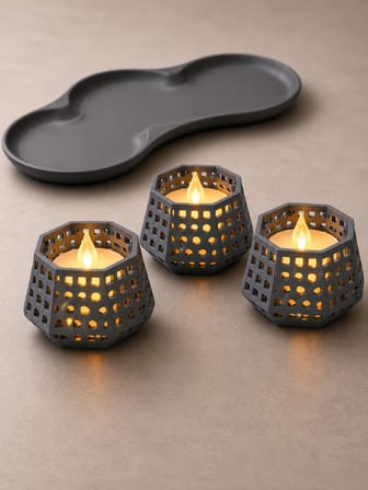 3D Baskı Dekoratif Mumluk Seti - Desenli Tealight ve Masaüstü Aydınlatma Objesi-Gri