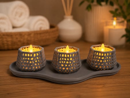 3D Baskı Dekoratif Mumluk Seti - Desenli Tealight ve Masaüstü Aydınlatma Objesi-Gri