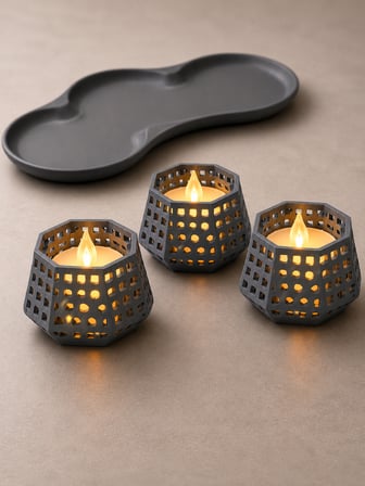 3D Baskı Dekoratif Mumluk Seti - Desenli Tealight ve Masaüstü Aydınlatma Objesi-Gri