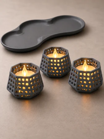 3D Baskı Dekoratif Mumluk Seti - Desenli Tealight ve Masaüstü Aydınlatma Objesi-Gri