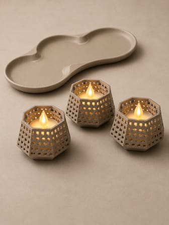 3D Baskı Dekoratif Mumluk Seti - Desenli Tealight ve Masaüstü Aydınlatma Objesi-Bej