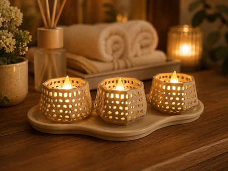 3D Baskı Dekoratif Mumluk Seti - Desenli Tealight ve Masaüstü Aydınlatma Objesi-Bej