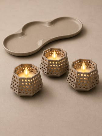 3D Baskı Dekoratif Mumluk Seti - Desenli Tealight ve Masaüstü Aydınlatma Objesi-Bej