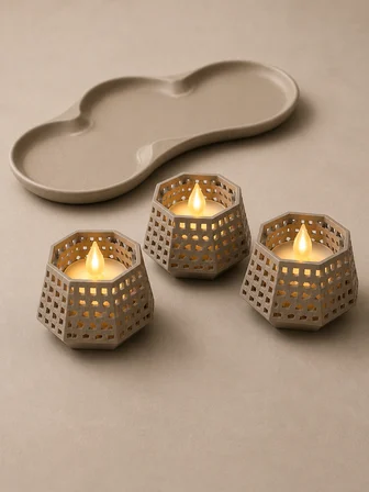 3D Baskı Dekoratif Mumluk Seti - Desenli Tealight ve Masaüstü Aydınlatma Objesi-Bej