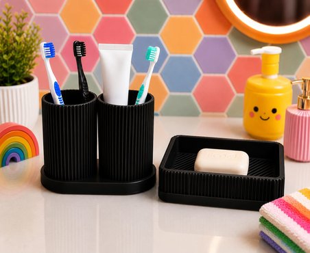 3D Baskı Diş Fırçalık ve Sabunluk Seti - Lavabo Üstü Banyo Organizeri-Siyah