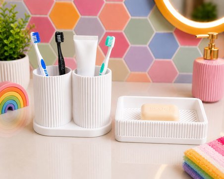 3D Baskı Diş Fırçalık ve Sabunluk Seti - Lavabo Üstü Banyo Organizeri-Beyaz
