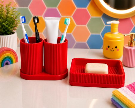 3D Baskı Diş Fırçalık ve Sabunluk Seti - Lavabo Üstü Banyo Organizeri-Kırmızı