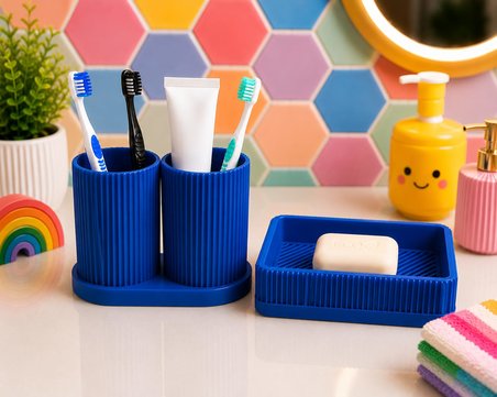 3D Baskı Diş Fırçalık ve Sabunluk Seti - Lavabo Üstü Banyo Organizeri-Mavi