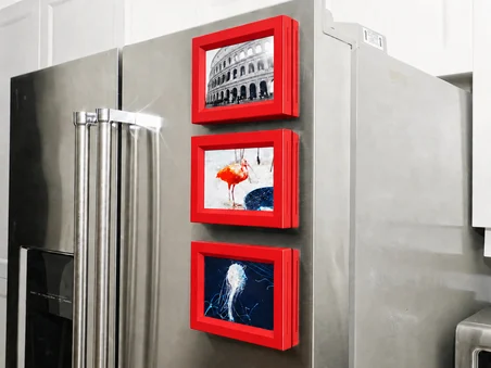 3D Baskı 3lü Magnet Fotoğraf Çerçevesi Seti - Buzdolabı İçin Mini Manyetik Resim Çerçevesi, Dekoratif Magnet-Kırmızı