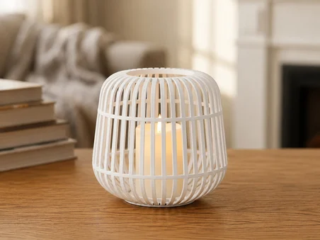 3D Baskı Modern Kafes Tasarımlı Dekoratif Mumluk - Tealight Mumluk, Masaüstü Ev ve Ofis Dekoru-Beyaz