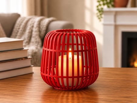 3D Baskı Modern Kafes Tasarımlı Dekoratif Mumluk - Tealight Mumluk, Masaüstü Ev ve Ofis Dekoru-Kırmızı
