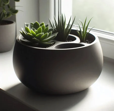 3D Baskı 3lü Sukulent Saksısı ve Kalemlik Organizer - Dekoratif Masaüstü Bitki Saksısı-Siyah