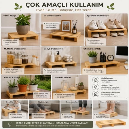 Masif Ahşap Çok Amaçlı Platform | Basamak, Saksılık, Ayakkabılık, Dekoratif Stand, Mutfak ve Banyo Düzenleyici