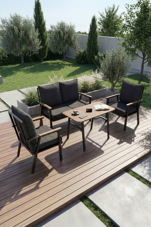 Metal Bahçe Oturma Grubu Minderli Gri 4'lü Set