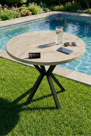 Mutfak Masası 90 cm Yuvarlak Masa Modern Metal Ayaklı Cafe Balkon Ofis Yemek Masası 9826 Traverten