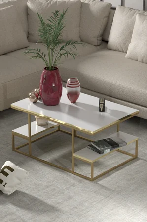 Delux Orta Sehpa Gold Beyaz 90x60 cm