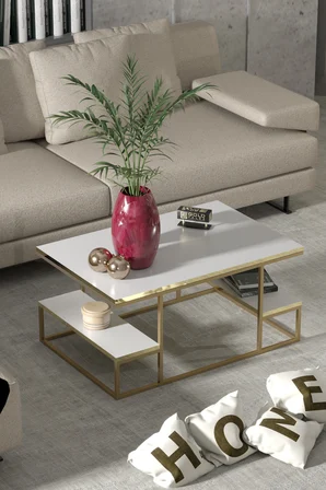 Delux Orta Sehpa Gold Beyaz 90x60 cm