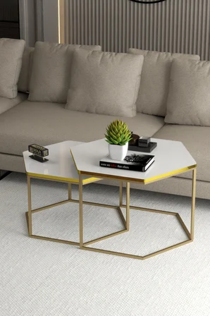 Altıgen İkili Orta Sehpa Sarı Gold