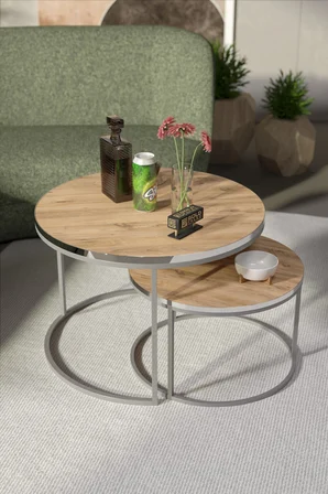 Gümüş Metal Orta Sehpa Ceviz 2'li