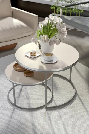 Gümüş Metal Orta Sehpa Krem 2'li