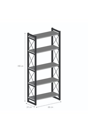 5 Raflı Metal Kitaplık Ceviz 180 cm