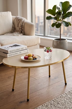 Gold Metal Oval Orta Sehpa Krem