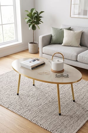 Gold Metal Oval Orta Sehpa Krem