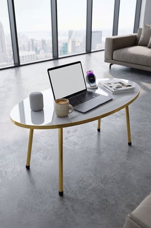 Gold Metal Oval Orta Sehpa Beyaz