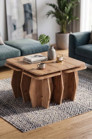 Orta Sehpa Ve Zigon Sehpa 5'li Set Modern Çok Amaçlı Salon Oturma Odası Yan Sehpa 9248 Atlantik Çam
