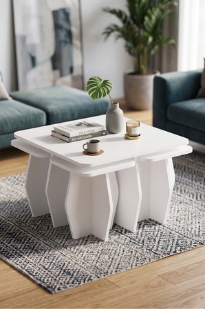 Orta Sehpa Ve Zigon Sehpa 5'li Set Modern Çok Amaçlı Salon Oturma Odası Yan Sehpa 9247 Beyaz