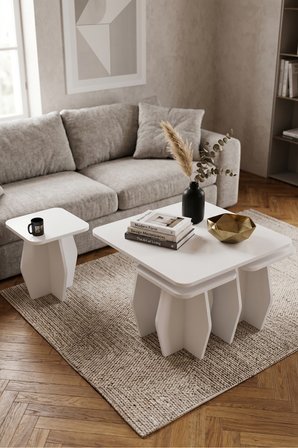 Orta Sehpa Ve Zigon Sehpa 5'li Set Modern Çok Amaçlı Salon Oturma Odası Yan Sehpa 9247 Beyaz