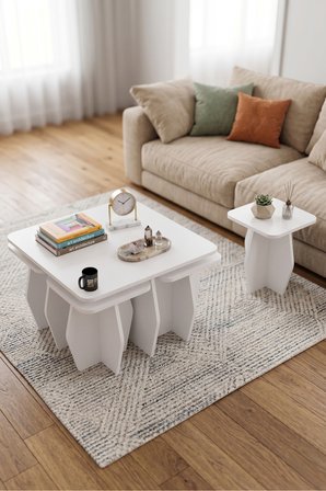 Orta Sehpa Ve Zigon Sehpa 5'li Set Modern Çok Amaçlı Salon Oturma Odası Yan Sehpa 9247 Beyaz
