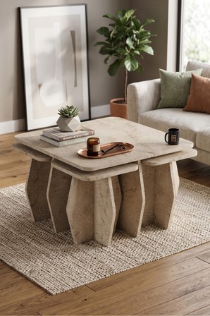 Orta Sehpa Ve Zigon Sehpa 5'li Set Modern Çok Amaçlı Salon Oturma Odası Yan Sehpa 9249 Traverten