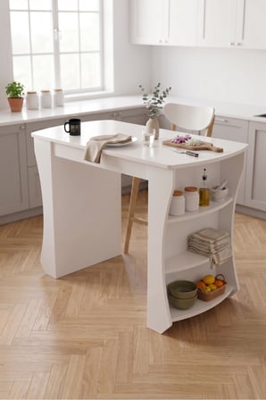 Mutfak Adası Raflı Mutfak Bar Masası Çok Amaçlı Hazırlık ve Servis Masası 9837 Beyaz