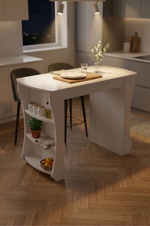 Mutfak Adası Raflı Mutfak Bar Masası Çok Amaçlı Hazırlık ve Servis Masası 9837 Beyaz