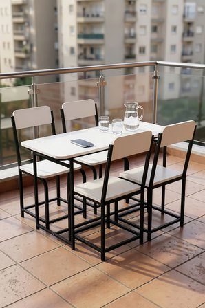 Bahçe Masa Takımı 4 Kişilik 4 Sandalyeli Masa Sandalye Seti Metal Ayak Balkon Mutfak Kafe Yemek Masası Minör Beyaz