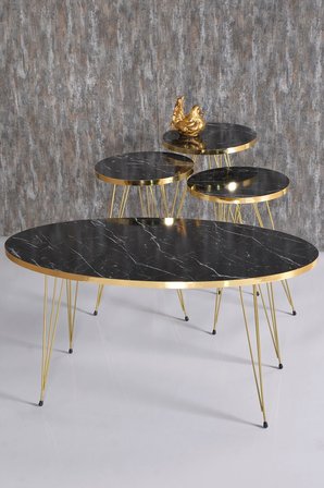 Zigon Sehpa Ve Orta Sehpa Elips Set Gold Bendir Tel