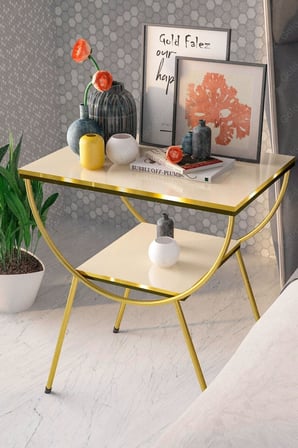 Yan Sehpa Komodin Metal Ayak Çift Gold Krem