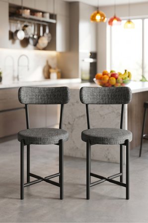Sandalye 2 Adet Keten Kumaş Metal Ayak Modern Mutfak Sandalyesi Cafe Balkon Ofis Teddy 9813 Antrasit