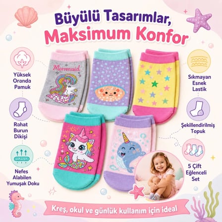 5'li Kız Çocuk Çorap Seti Deniz Kızı Unicorn Desenli Pamuklu Rahat Burunlu Renkli