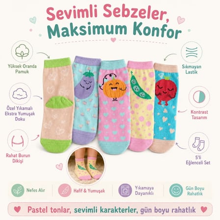 5'li Sebze Desenli Çocuk Çorap Seti Yüksek Pamuklu Rahat Burunlu Sıkmayan Lastikli