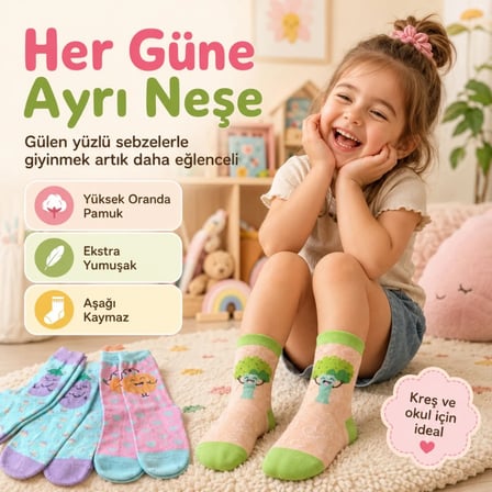 5'li Sebze Desenli Çocuk Çorap Seti Yüksek Pamuklu Rahat Burunlu Sıkmayan Lastikli