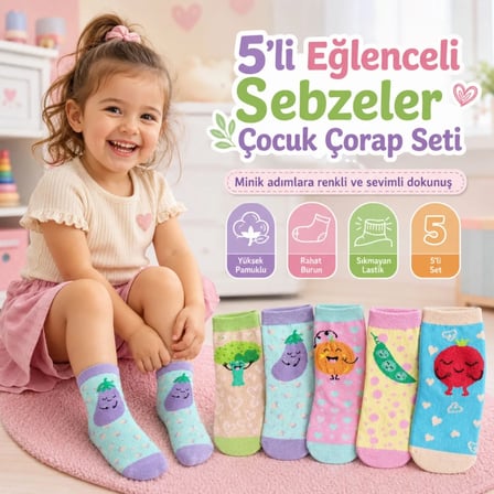 5'li Sebze Desenli Çocuk Çorap Seti Yüksek Pamuklu Rahat Burunlu Sıkmayan Lastikli