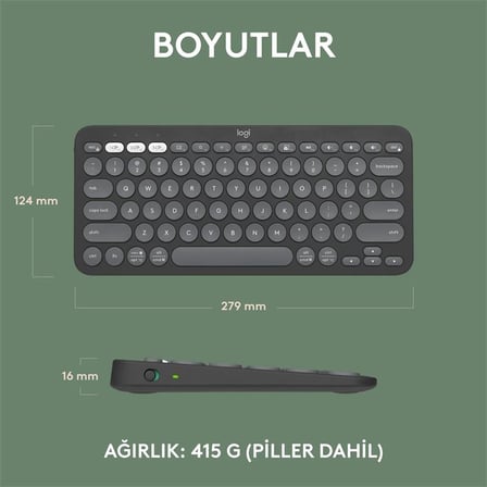 K380S PEBBLE KEYS 2 ÇOKLU CİHAZ ÖZELLİKLİ BLUETOOTH TÜRKÇE Q KLAVYE GRİ 920-011859