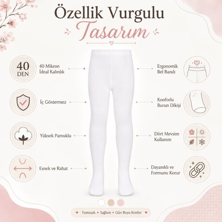 Kız Çocuk Beyaz 40 Denye Pamuklu Opak Külotlu Çorap Okul Bale ve Özel Gün Çorabı