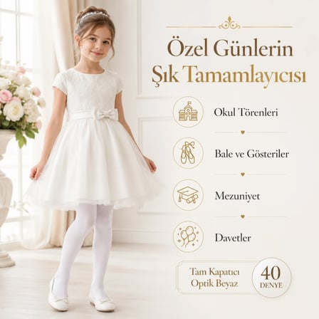 Kız Çocuk Beyaz 40 Denye Pamuklu Opak Külotlu Çorap Okul Bale ve Özel Gün Çorabı