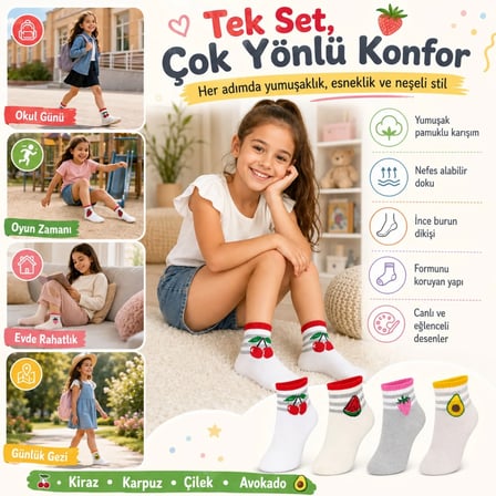 Kız Çocuk Pamuklu 8'li Meyve Desenli Çorap Kiraz Karpuz Çilek Avokado Günlük Bilek Çorabı