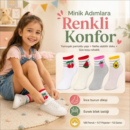 Bezos Professional Kız Çocuk Çorap Pamuklu Meyve Desenli 9-11 Yaş Çok Renkli