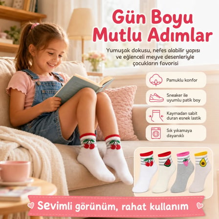 Kız Çocuk Pamuklu 4'lü Meyve Desenli Çorap Kiraz Karpuz Çilek Avokado Günlük Bilek Çorabı